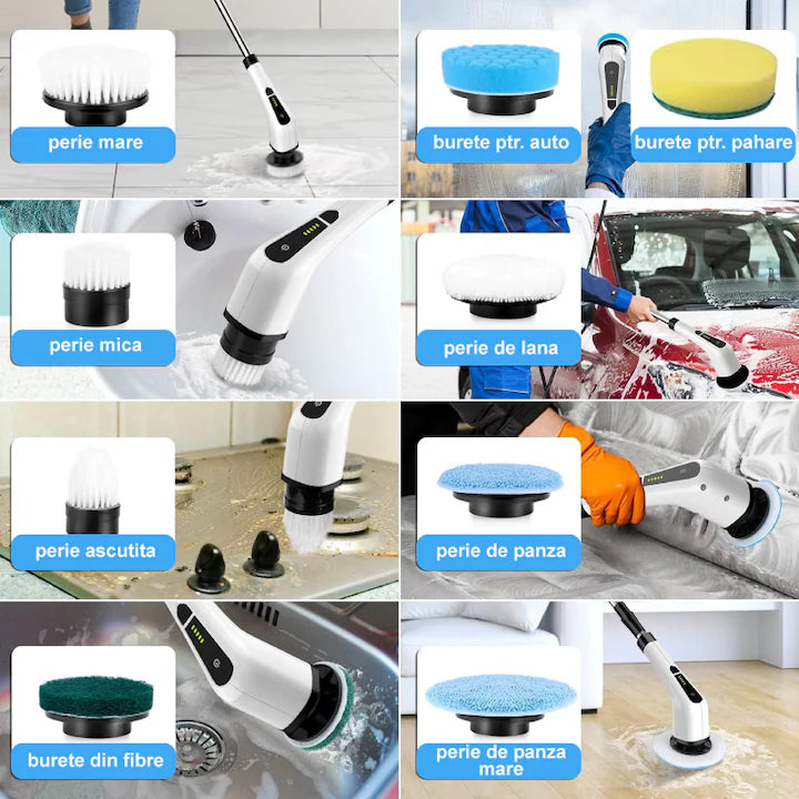 Perie Electrică de Curățenie 9-în-1 cu Mâner Telescopic – Reîncărcabilă, Rotativă, Multi-Suprafață
